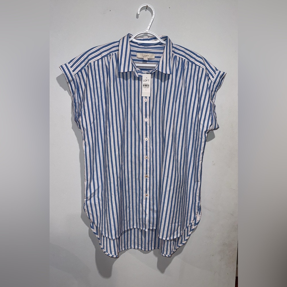 LOFT White and Blue Striped Button Down Shirt - Picture 2 of 15
